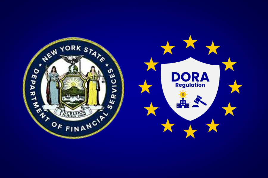 The New York Department of Financial Services and Digital Operational Resilience Act emblems on a blue background